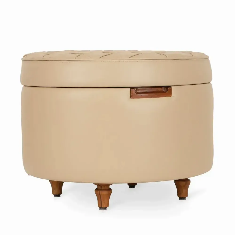 Poufs - Dold - Pouf en teck avec cuir beige - ALANKARAM