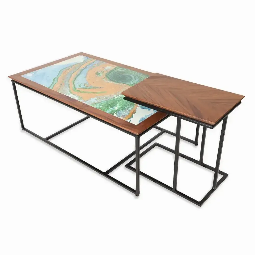 Other tables - Dualis - Teakwood Center Table with Multicolor Top - ALANKARAM