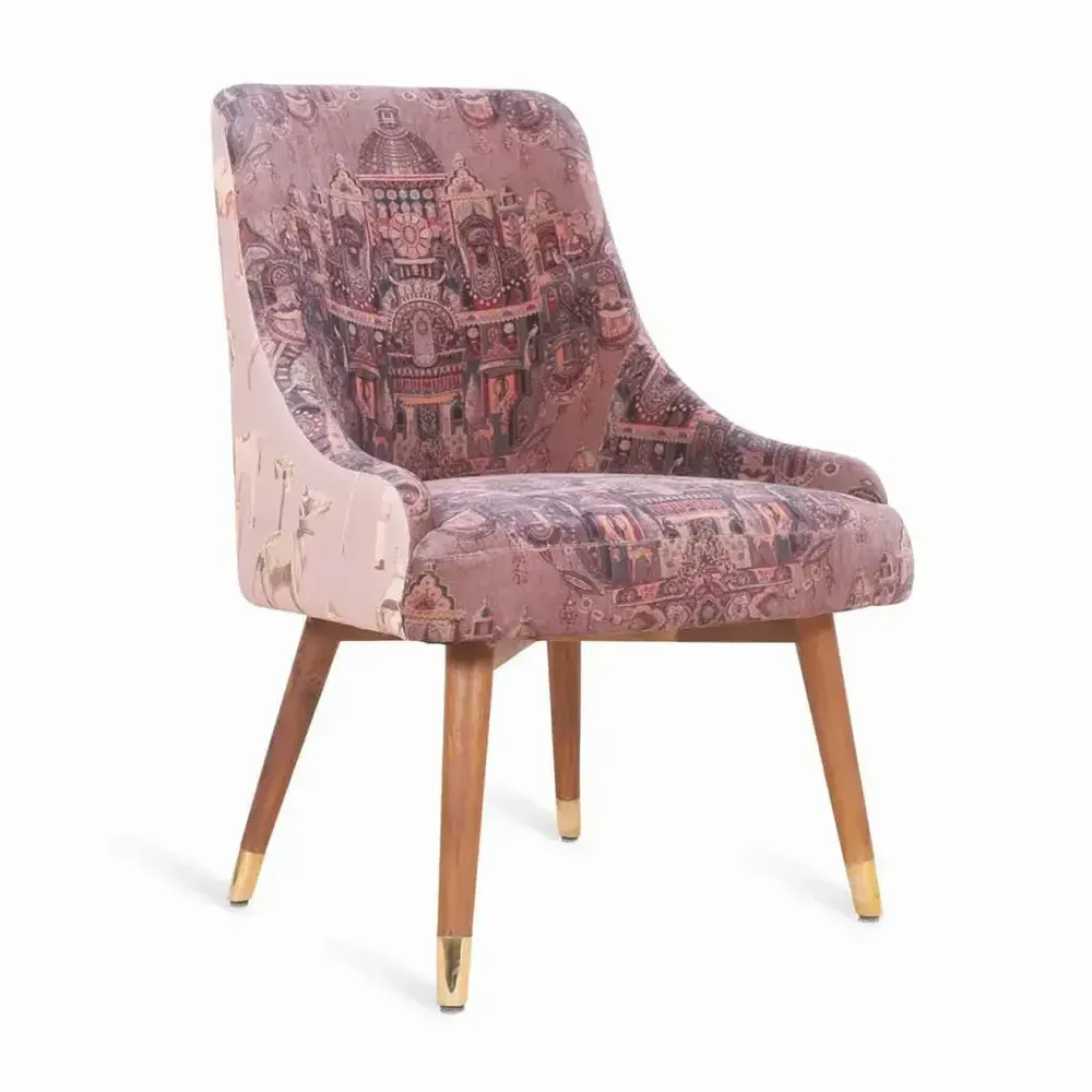 Chairs - Faraja - Teakwood Dining Chair with Pink Printed Fabric - ALANKARAM