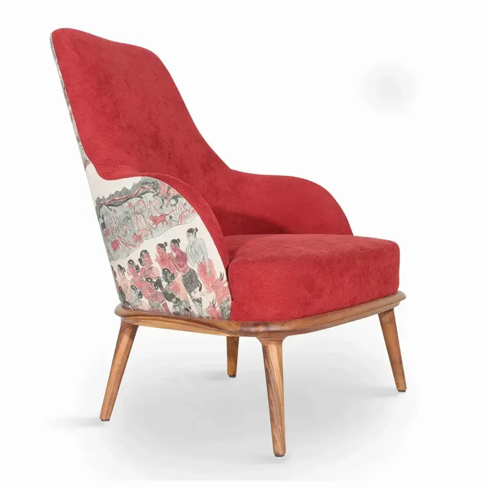 Chairs - Iyi - Lounge Chair with Red, Printed Fabric - ALANKARAM