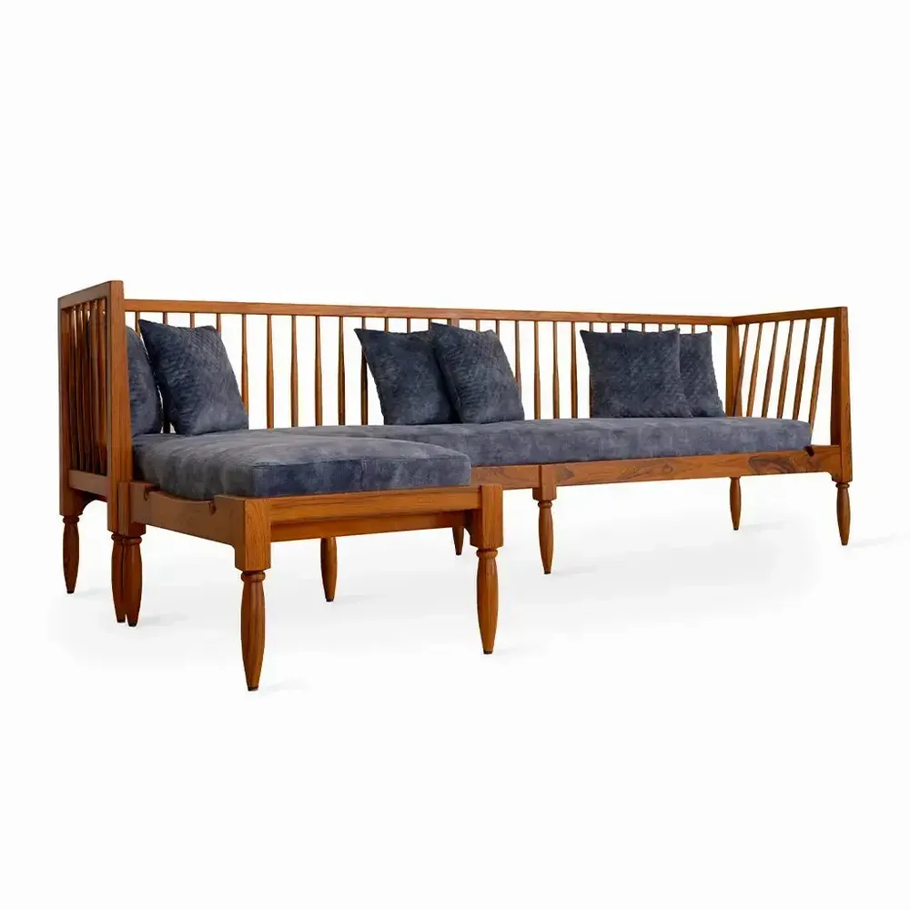 Benches - Iste Teakwood Bench with Blue Fabric - ALANKARAM