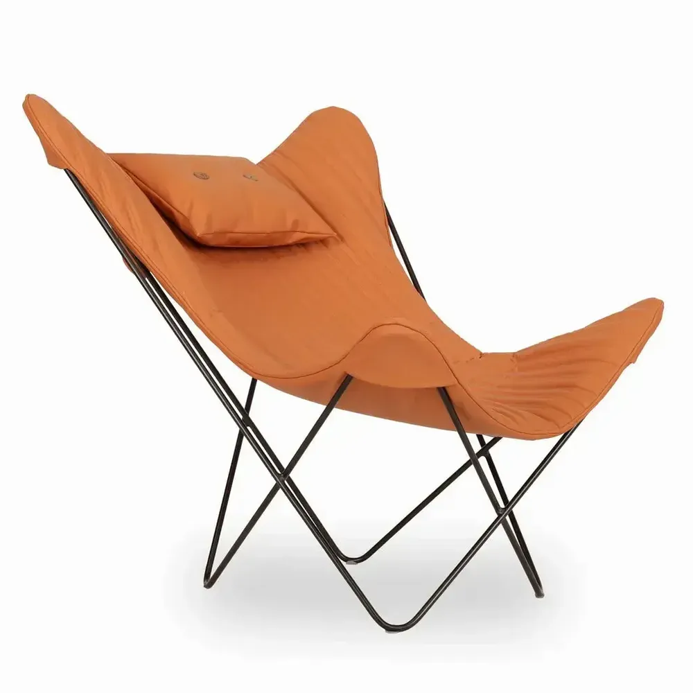 Chairs - Kabo Lounge Chair with Orange Leather and Metal Base - ALANKARAM