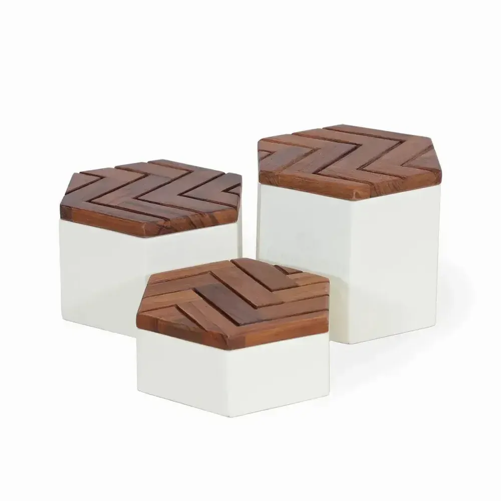 Storage boxes - Kosa - Teakwood Multipurpose Boxes with White PU - ALANKARAM