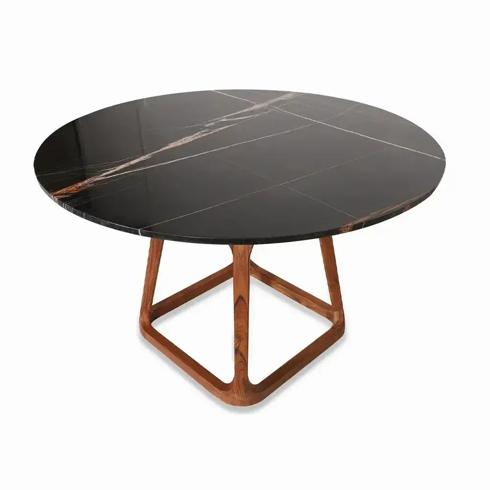 Dining Tables - Krug - Teakwood Dining Table with Black Stone Top - ALANKARAM