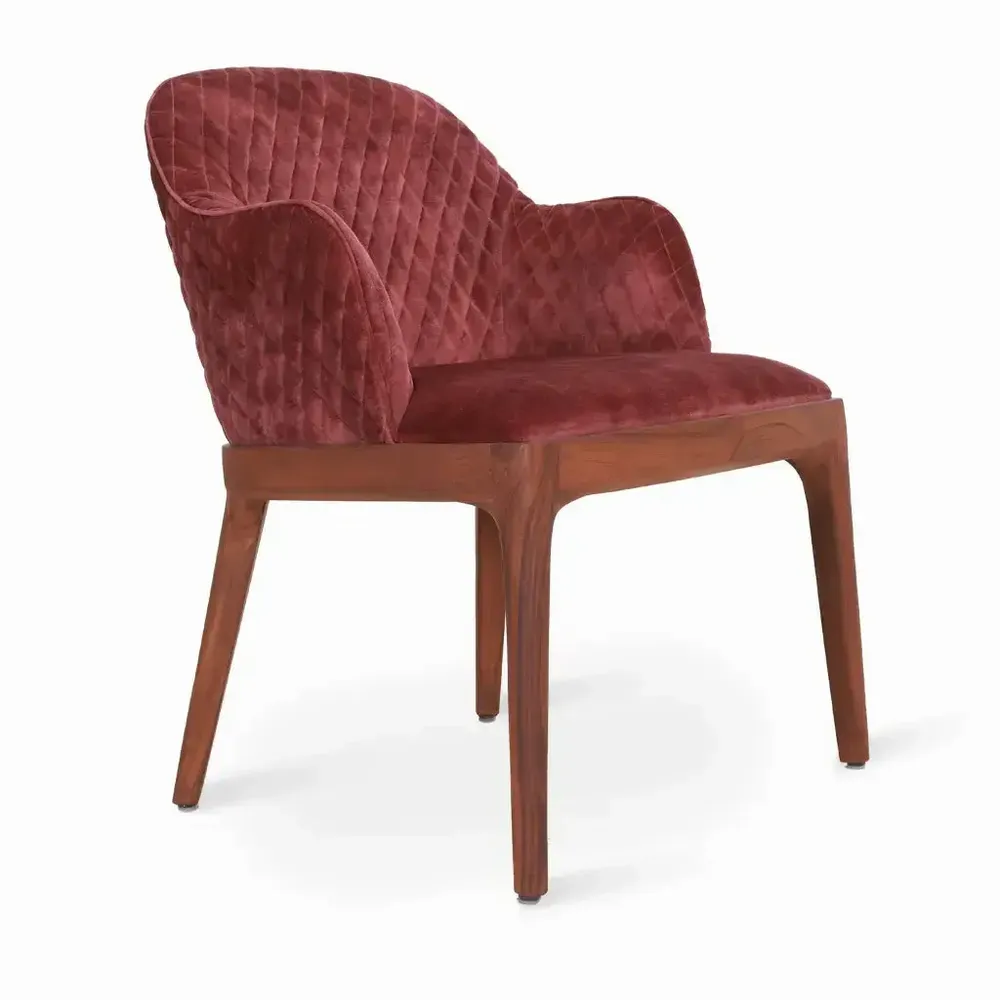 Chairs - Ozlu - Teakwood Dining Chair with Maroon Fabric - ALANKARAM