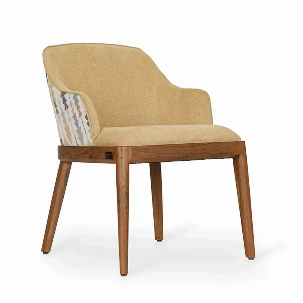 Chairs - Ozlu - Teakwood Dining Chair with Yellow, White printed Fabric - ALANKARAM