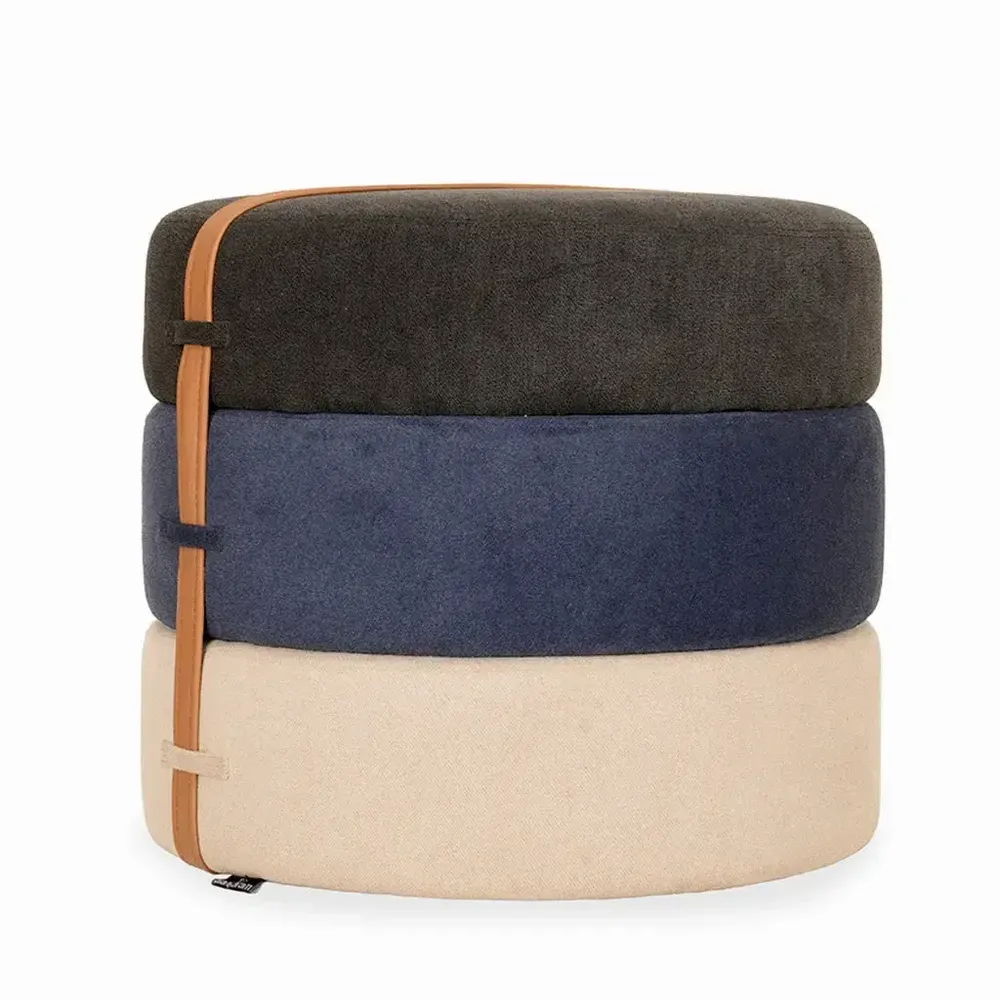 Poufs - Pouf rond en tissu crème, bleu et noir - ALANKARAM