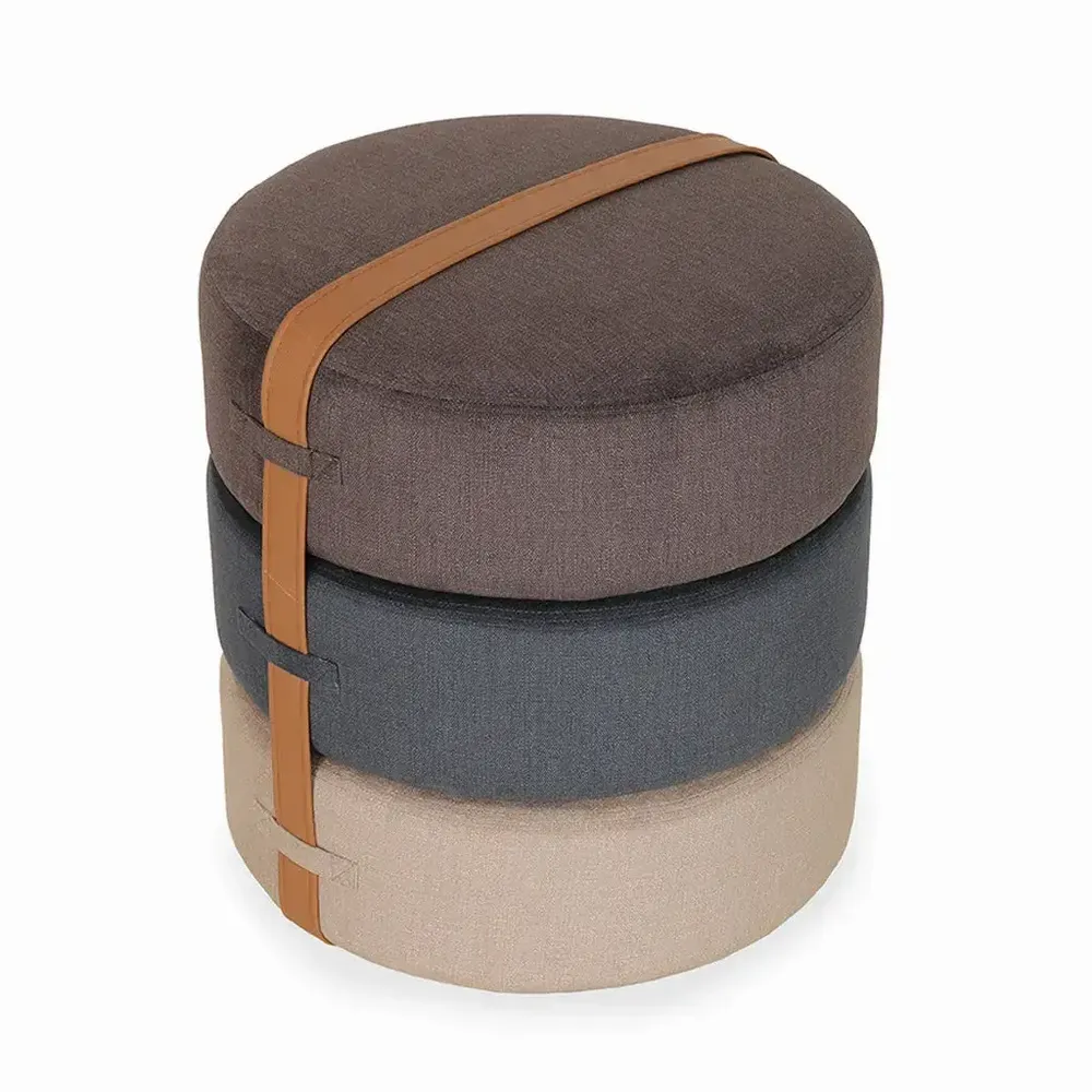 Ottomans - Pouffe - Round Ottoman with Grey, Blue, Brown Fabric - ALANKARAM
