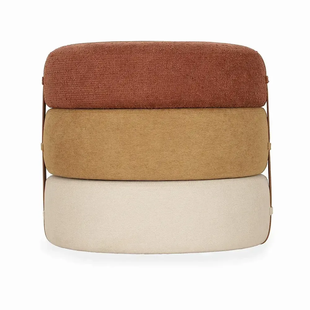 Ottomans - Pouffe - Round Ottoman with Red, Yellow, Off white Fabric - ALANKARAM