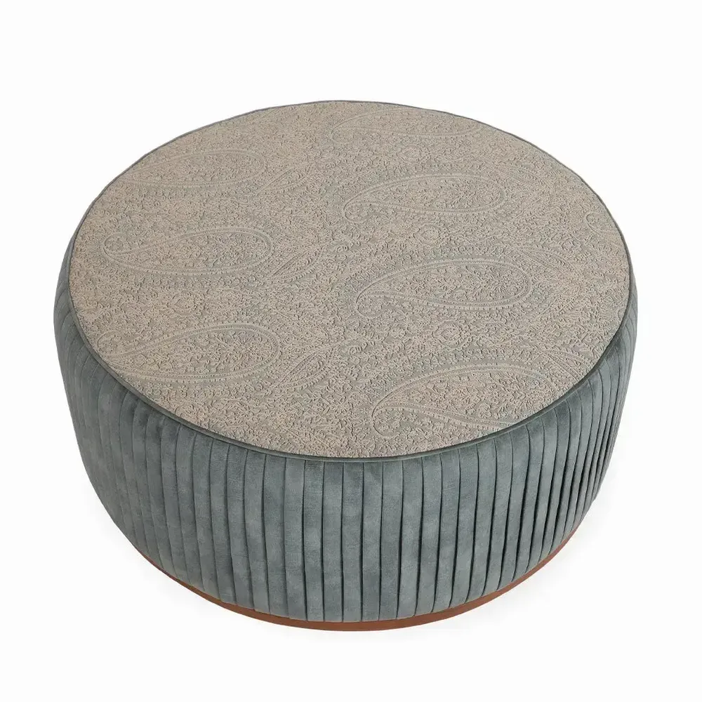 Ottomans - Pouffe - Teakwood Ottoman with Bunker Grey Fabric - ALANKARAM