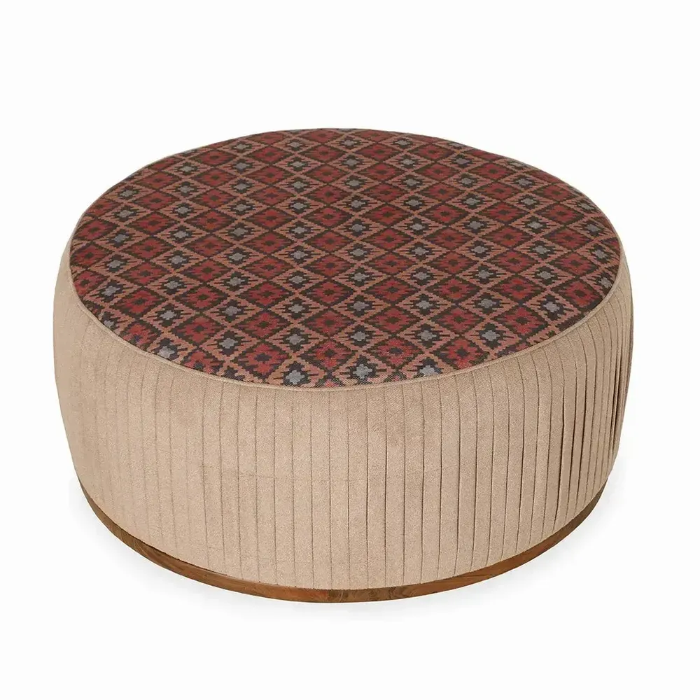 Ottomans - Pouffe - Teakwood Ottoman with Red Printed Fabric - ALANKARAM