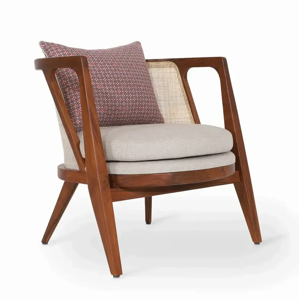 Chairs - Ringi - Lounge Chair with Off white, Red Printed Fabric - ALANKARAM