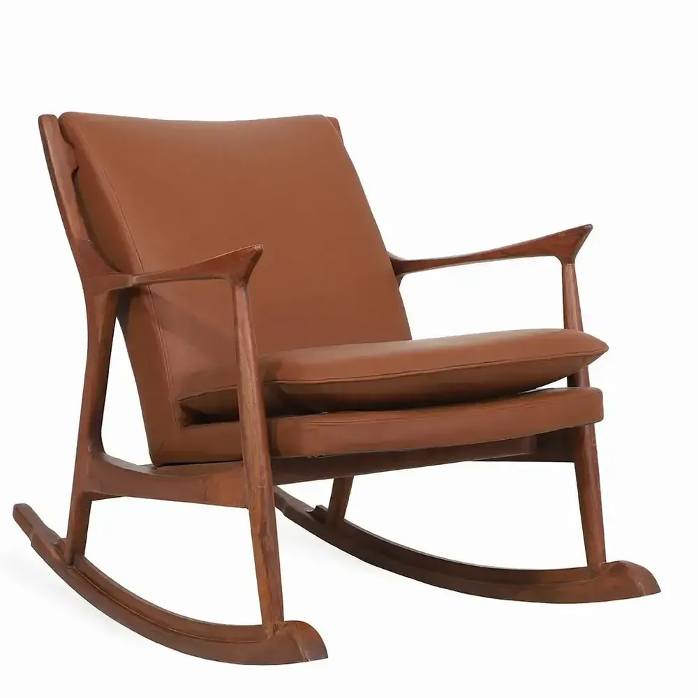 Chairs - Ruru - Lounge Chair with Rocking & Tan Leather - ALANKARAM