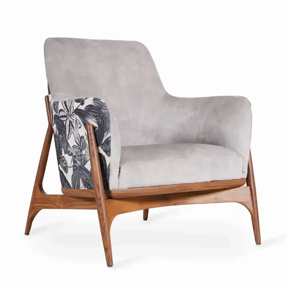 Chairs - Syva - Lounge Chair with Beige, Black Printed Fabric - ALANKARAM