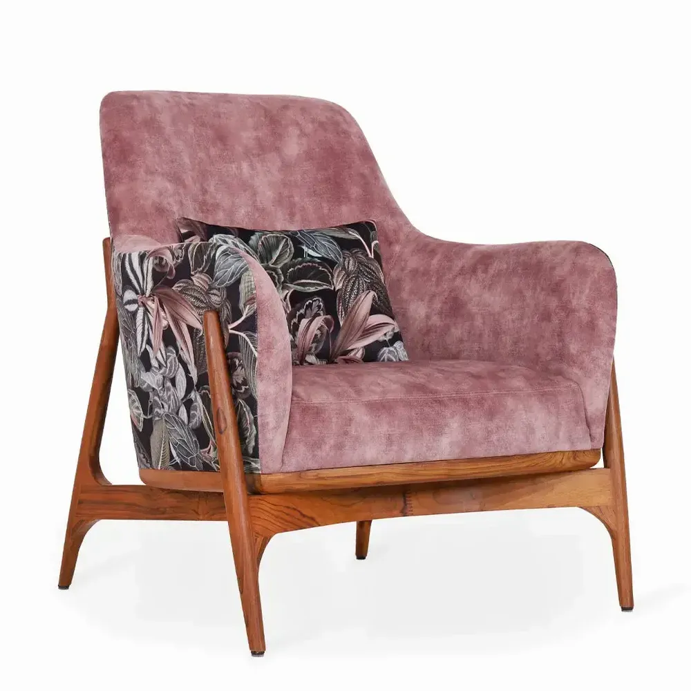 Chairs - Syva - Lounge Chair with Brown, Black Printed Fabric - ALANKARAM