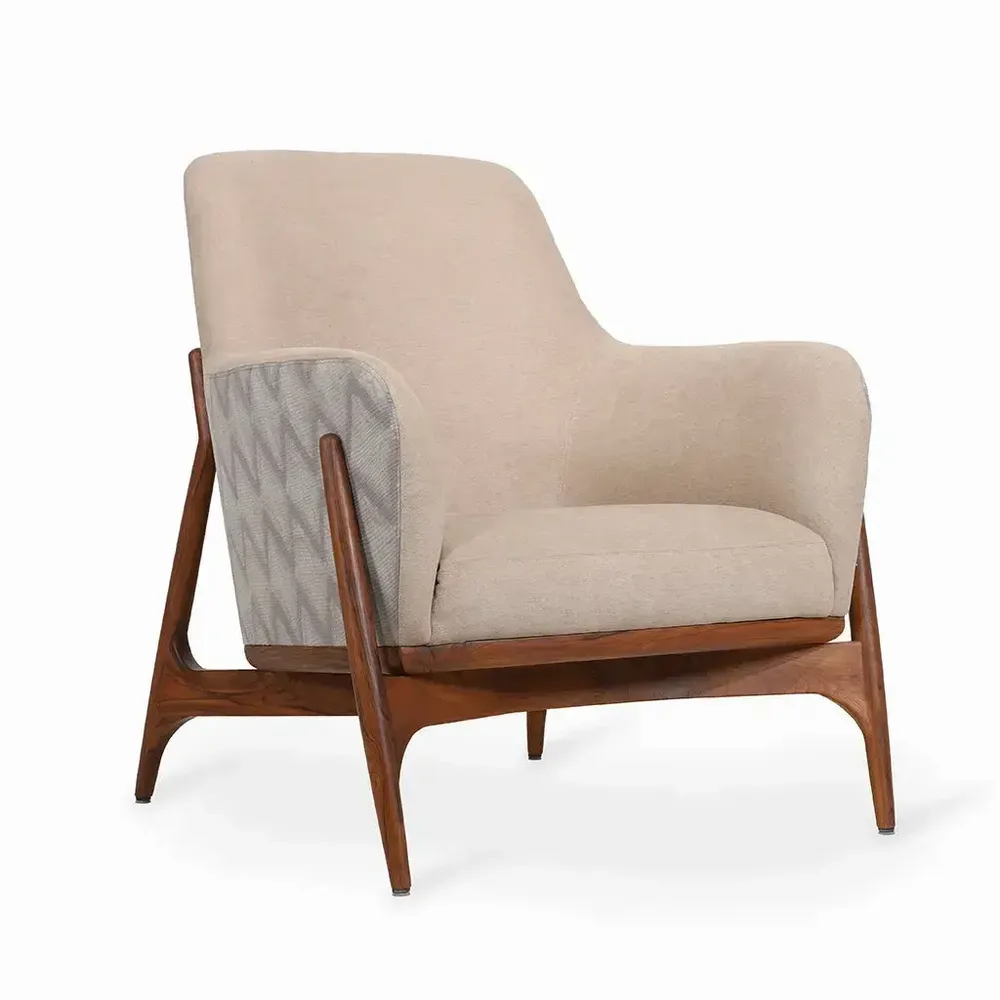 Chairs - Syva - Lounge Chair with Cream, White Printed Fabric - ALANKARAM