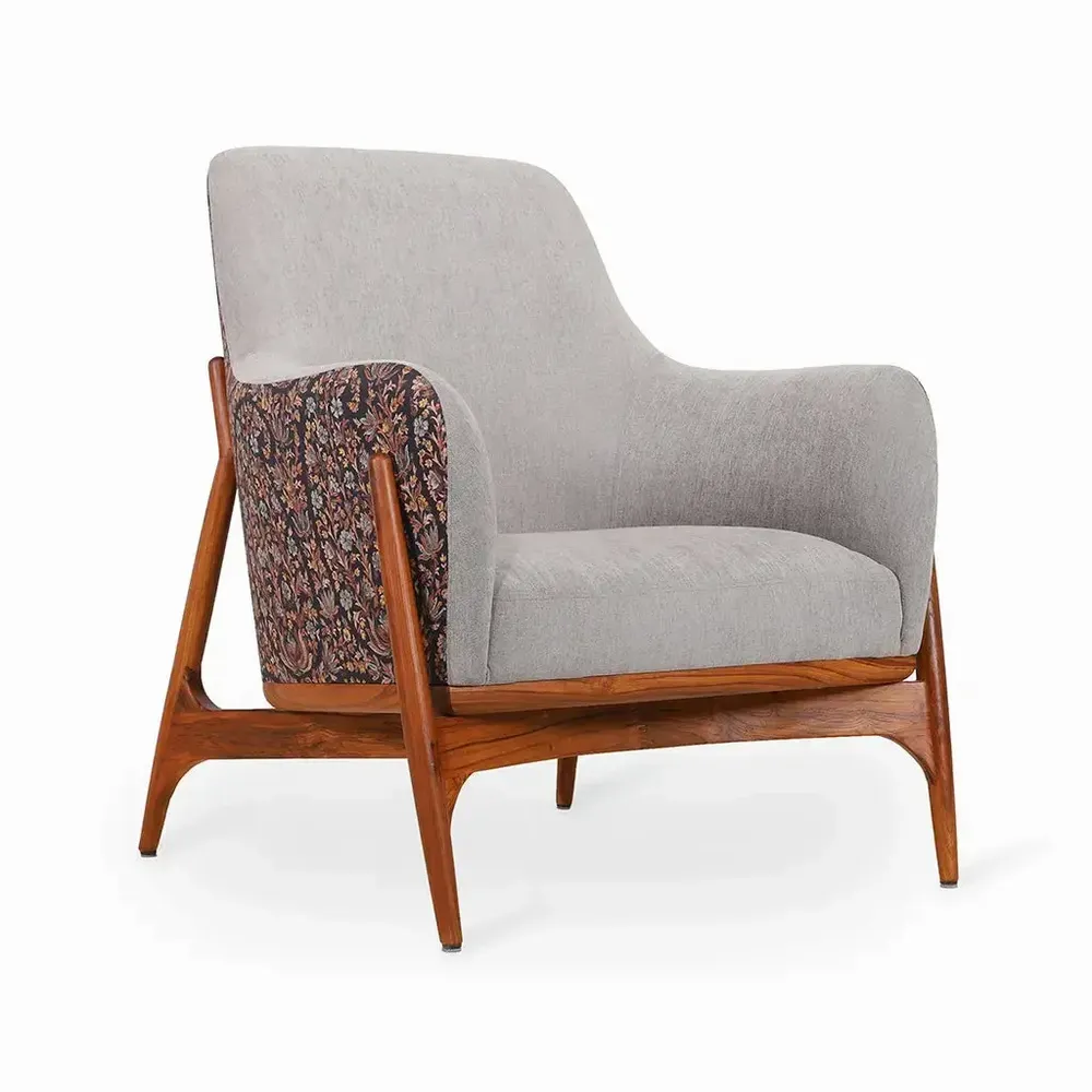Chairs - Syva - Lounge Chair with Grey, Brown Printed Fabric - ALANKARAM