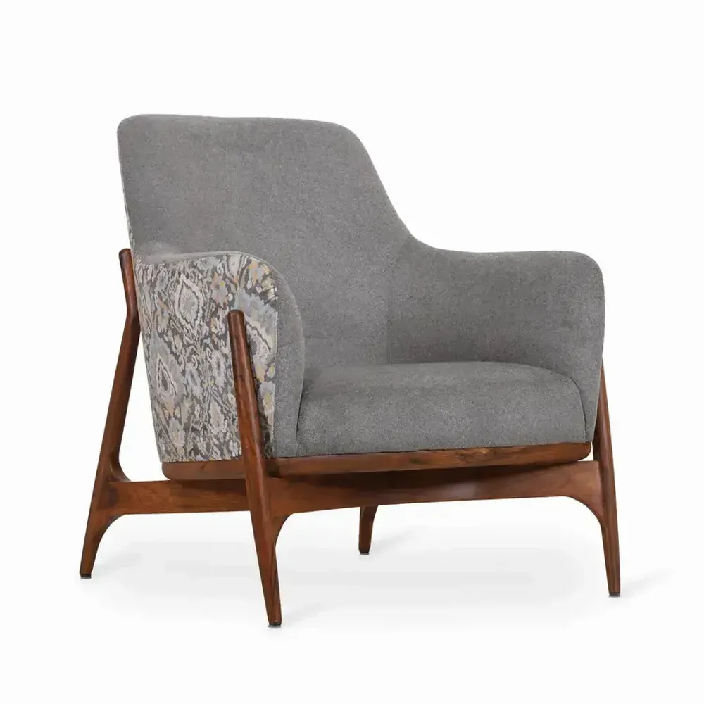 Chairs - Syva - Lounge Chair with Grey, Multicolor Printed Fabric - ALANKARAM