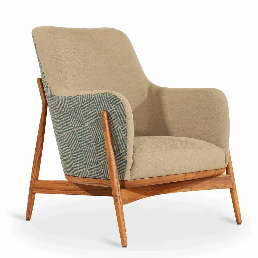 Chairs - Syva - Lounge Chair with Olive Green, Blue Printed Fabric - ALANKARAM