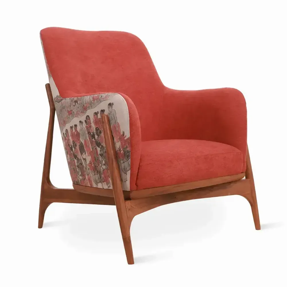 Chaises - Syva - Fauteuil Lounge en Tissu Imprimé Rouge - ALANKARAM