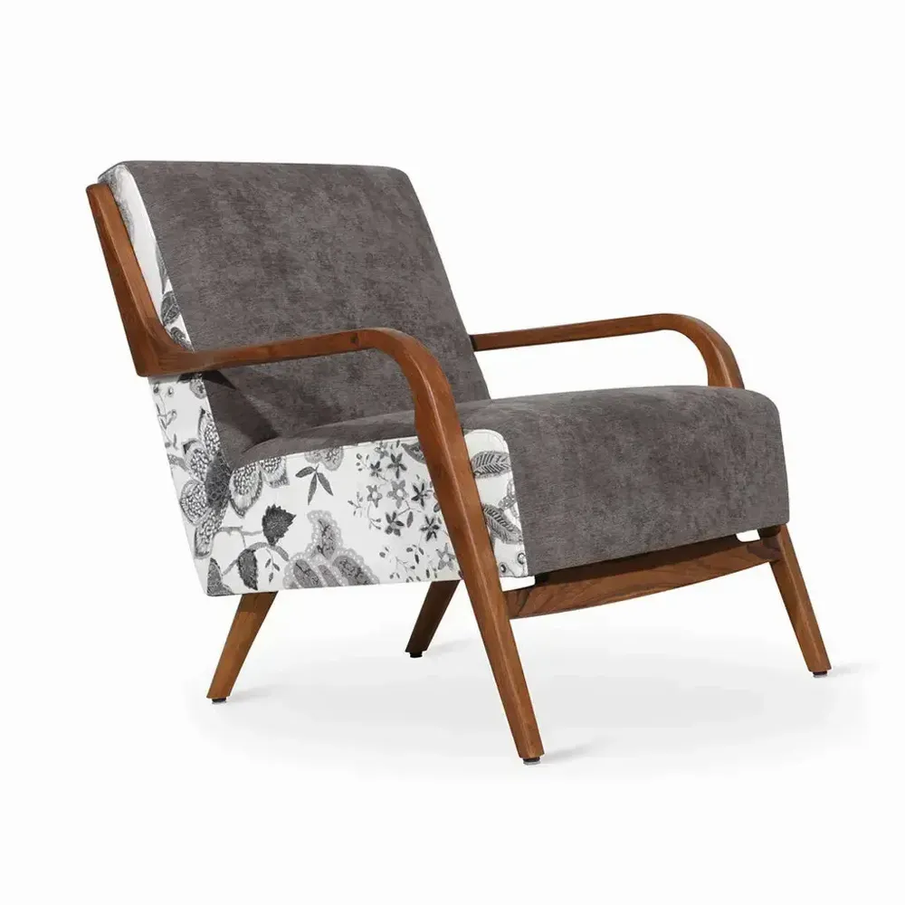 Chairs - Tordu - Lounge Chair With Grey, White Printed Fabric - ALANKARAM