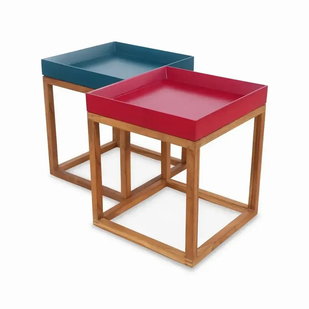 Autres tables  - Trei - Table d'appoint en teck avec plateau coloré - ALANKARAM
