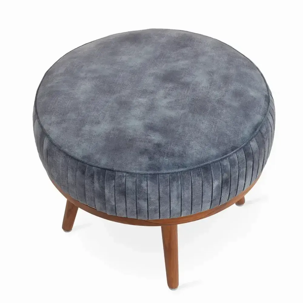 Poufs - Zoya - Pouf rond en teck avec tissu bleu astronaute - ALANKARAM
