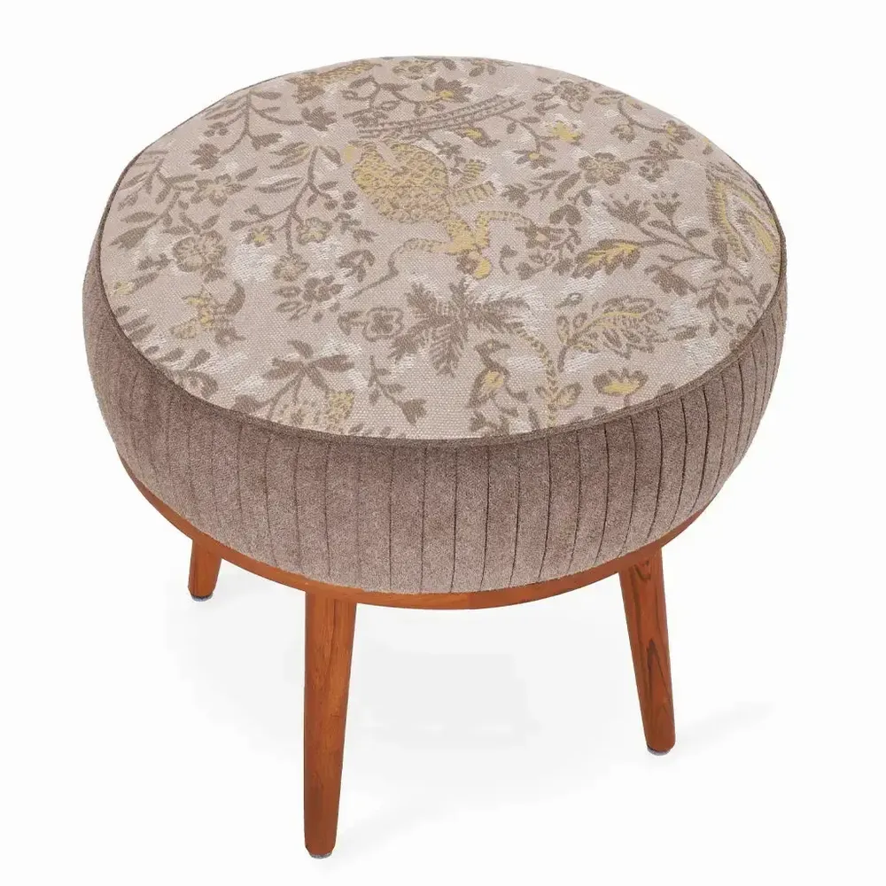 Poufs - Zoya - Pouf rond en teck avec tissu Dust Palette - ALANKARAM
