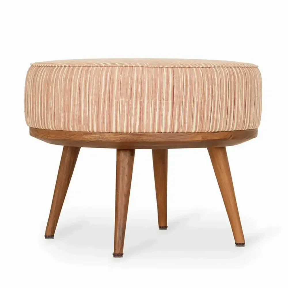 Poufs - Zoya - Pouf rond en teck avec tissu orange - ALANKARAM