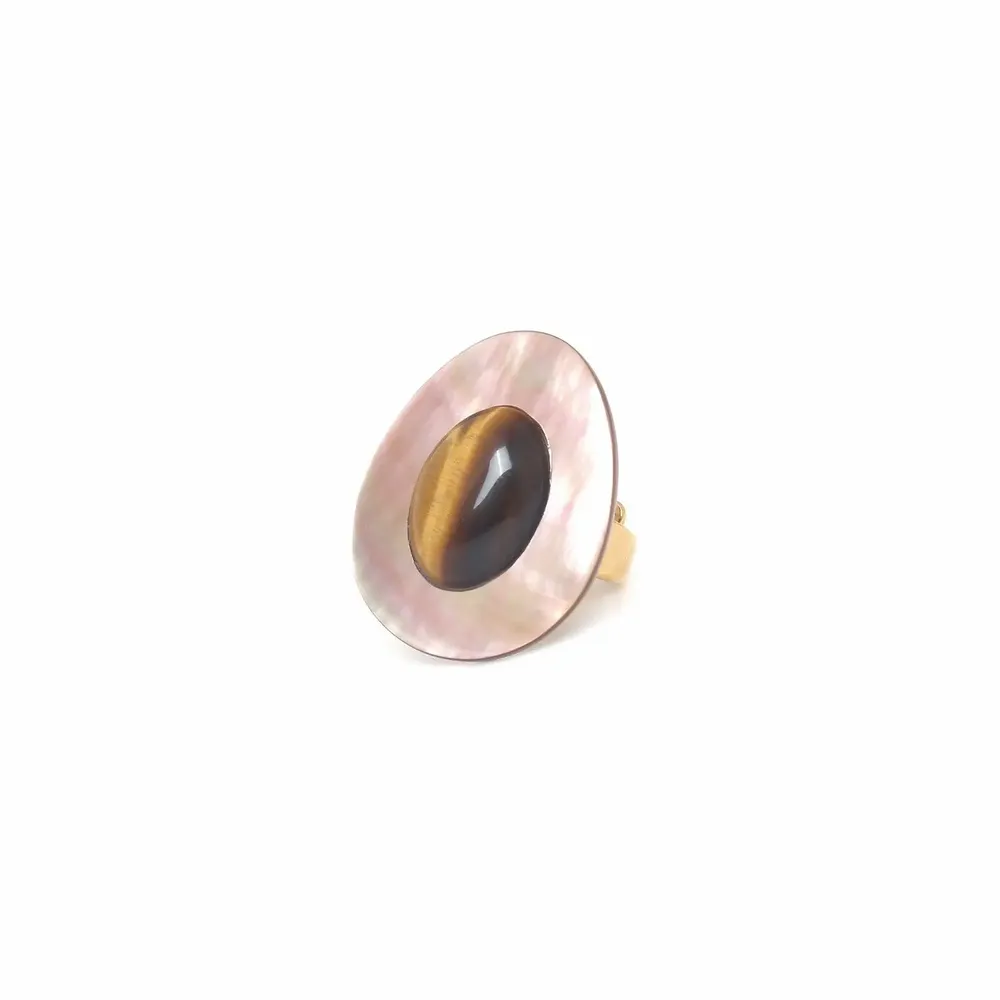 Jewelry - Tiger eye and brown mother of pearl adjustable ring – JAGUAR - NATURE BIJOUX