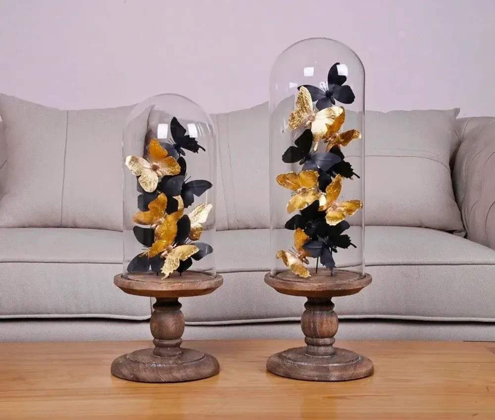 Objets de décoration - S/2 ASS.DE PAPILLONS NOIR/GOLD SOUS GLOBE - FANCY