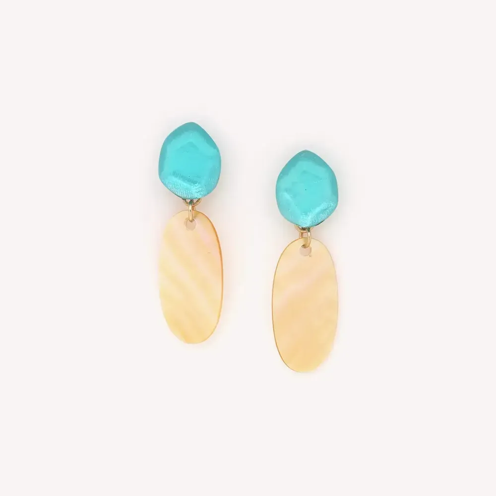 Bijoux - Grandes boucles d'oreilles poussoir lagon & nacre dorée - Izmir - NATURE BIJOUX