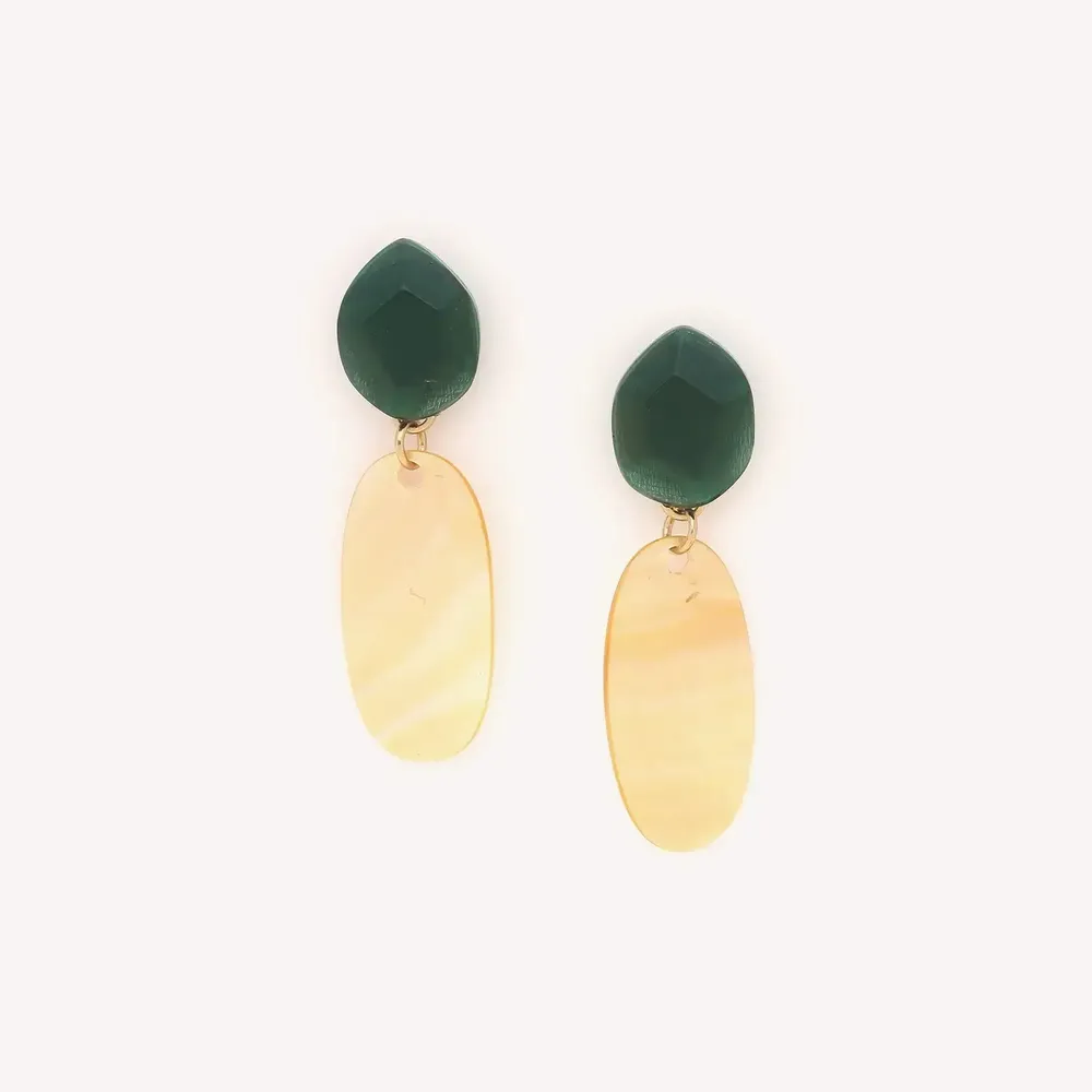Bijoux - Grandes boucles d'oreilles poussoir émeraude & nacre dorée - Izmir - NATURE BIJOUX