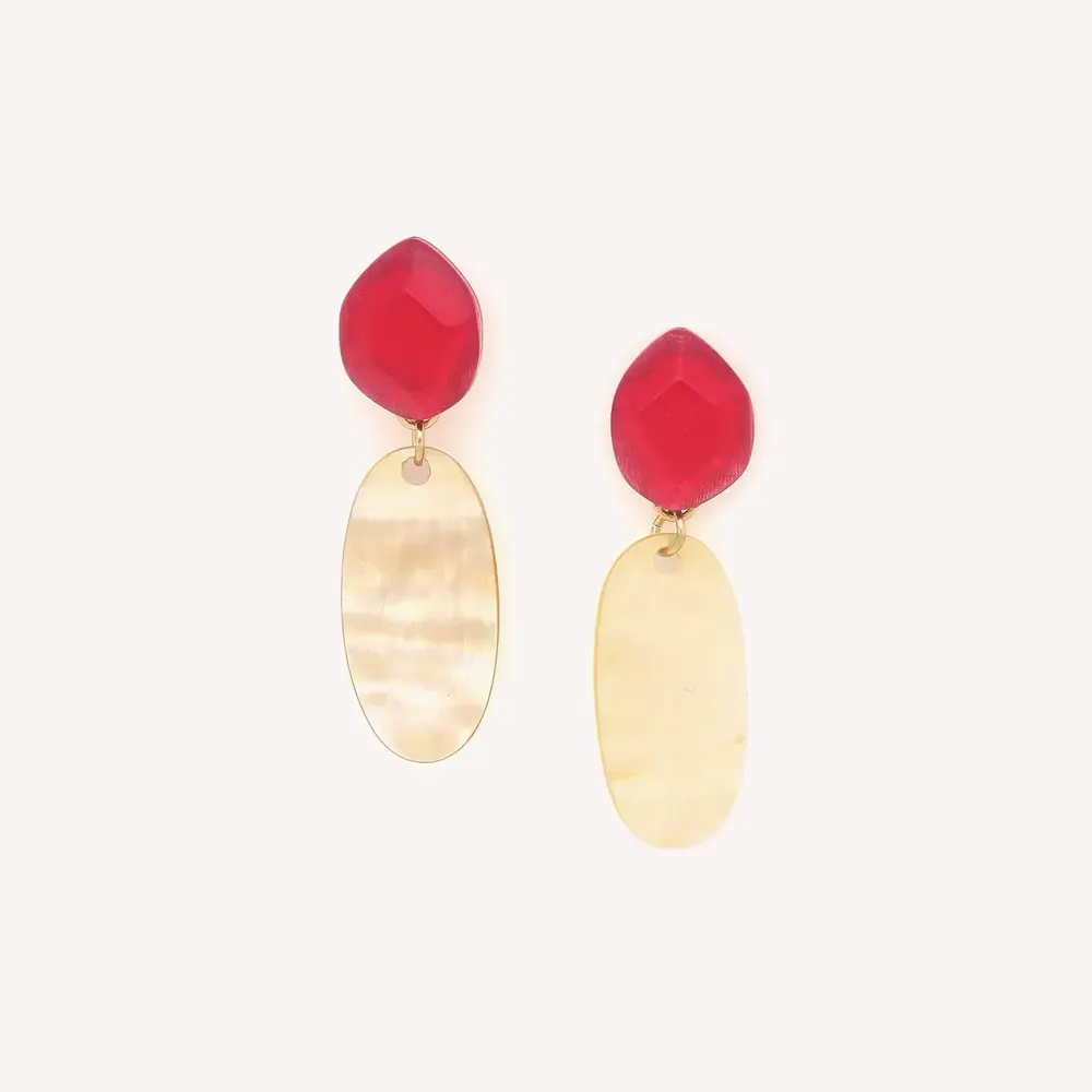 Bijoux - Grandes boucles d'oreilles poussoir rubis & nacre dorée - Izmir - NATURE BIJOUX