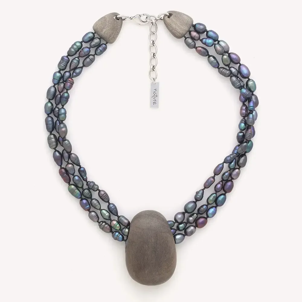 Bijoux - Collier 3 rangs galet ébène - Pebble Beach - NATURE BIJOUX