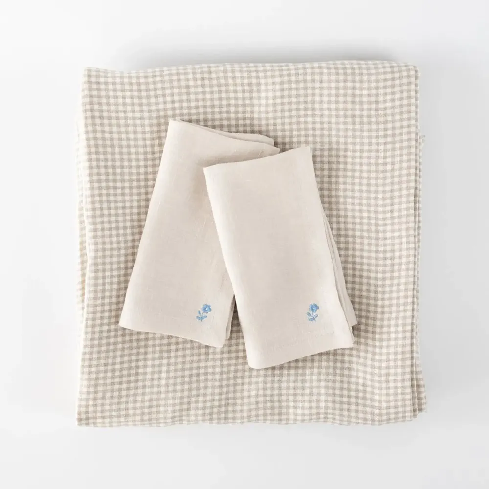 Table linen - Beige Linen Gingham Tablecloth 140 x 180 cm - OURY HOME
