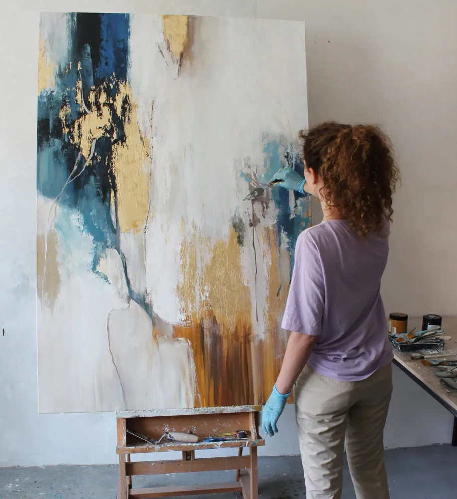 Paintings - Original handmade abstract painting in gray blue gold named "Flow" - MATISS ART STUDIO