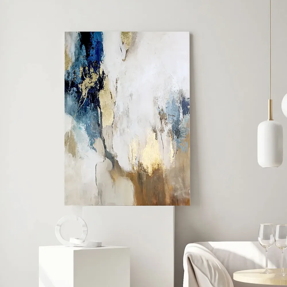 Paintings - Original handmade abstract painting in gray blue gold named "Flow" - MATISS ART STUDIO