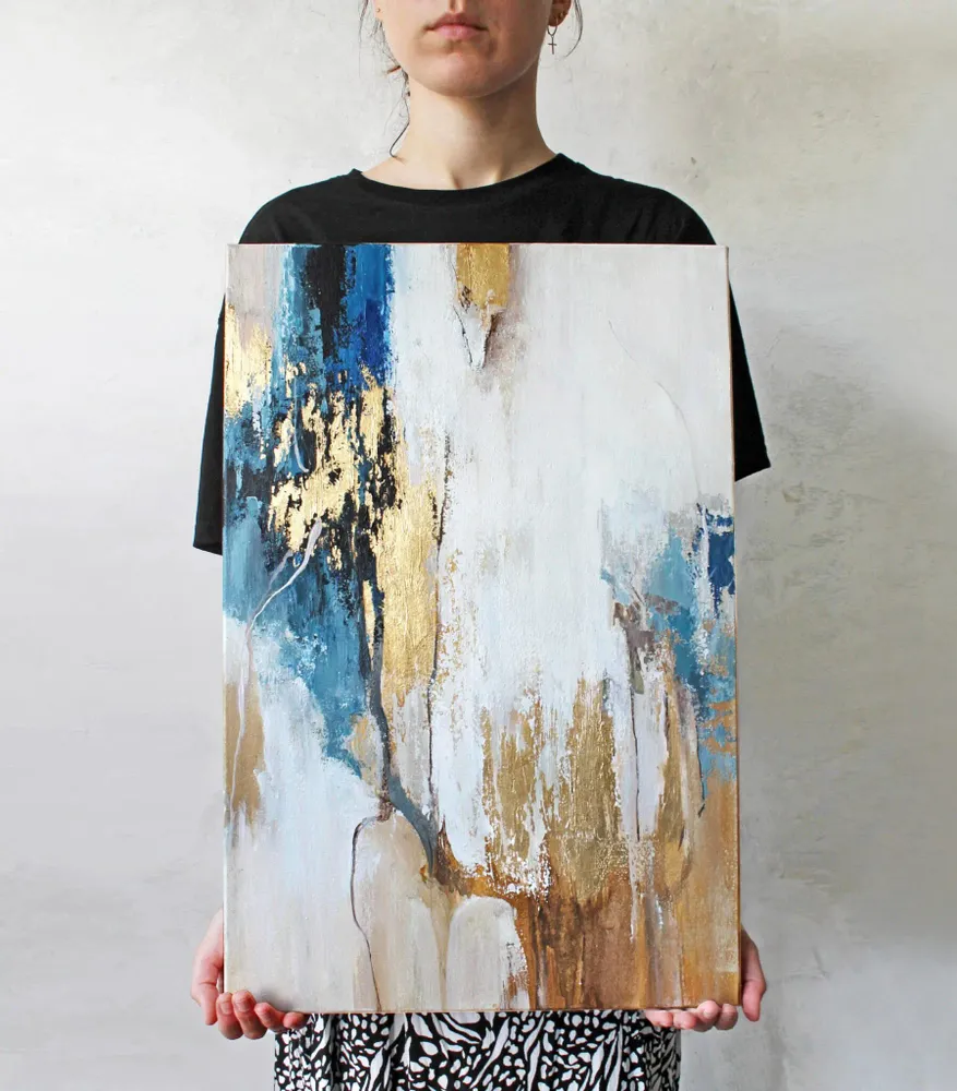 Paintings - Original handmade abstract painting in gray blue gold named "Flow" - MATISS ART STUDIO