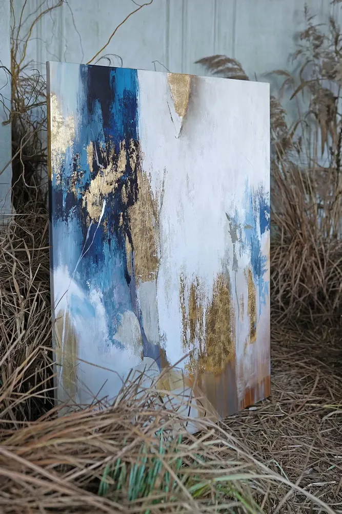 Paintings - Original handmade abstract painting in gray blue gold named "Flow" - MATISS ART STUDIO