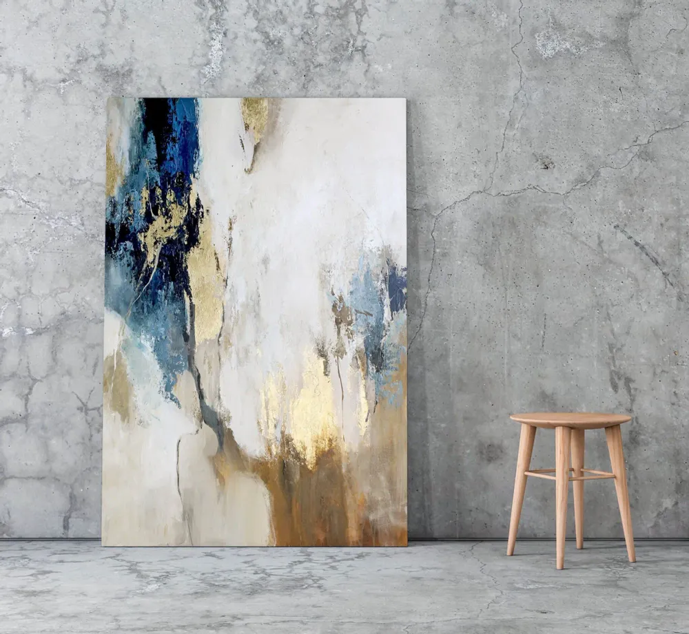 Paintings - Original handmade abstract painting in gray blue gold named "Flow" - MATISS ART STUDIO