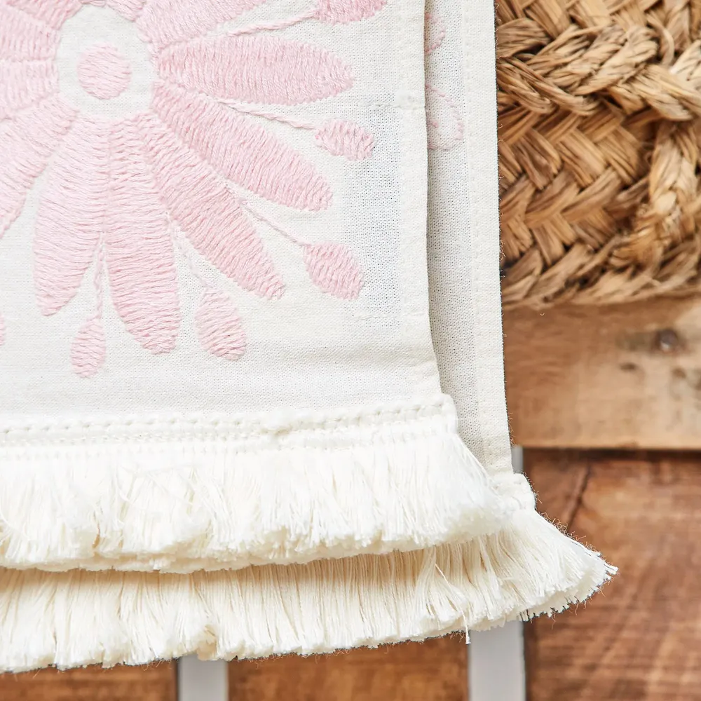 Fabrics - Pink Tenango Embroidered Bed Runner - HUAKAL