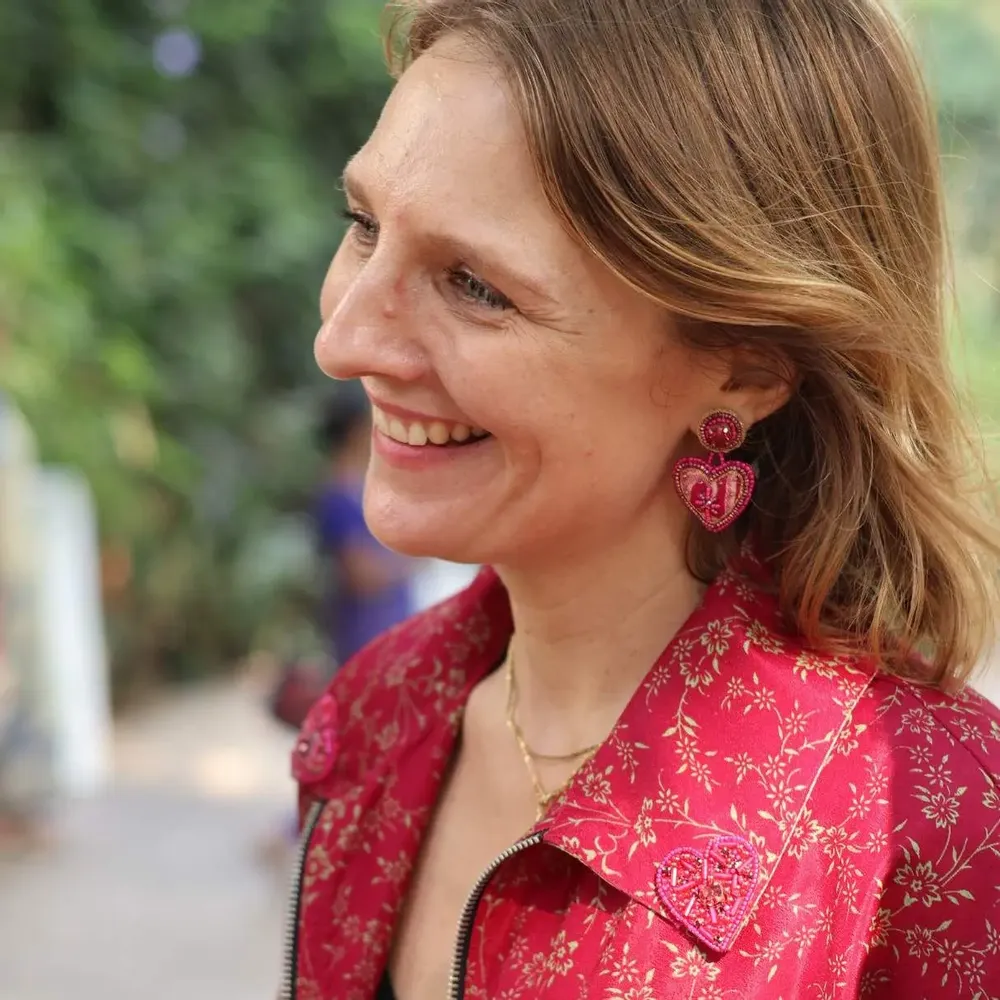 Jewelry - Heart drop earrings - upcycled sari & beaded embroidery - I WAS A SARI