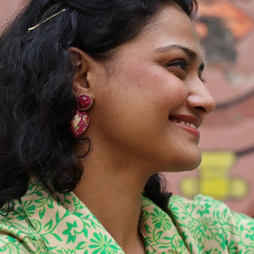 Jewelry - Heart drop earrings - upcycled sari & beaded embroidery - I WAS A SARI