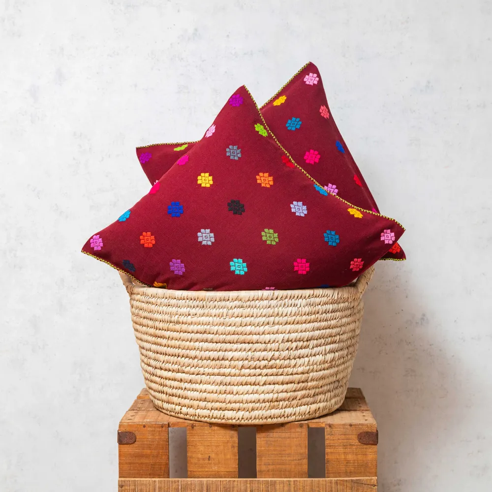 Fabric cushions - Handwoven Brocade Cushion in Burgundy with Multicolors - HUAKAL