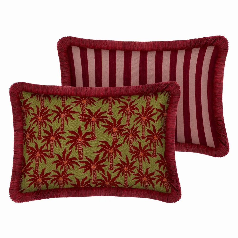 Garden textiles - Double sided cushion Laura Olive & Bordeaux x Jackie Bordeaux & Rose - PALAIS SUSTAINABLE LUXURY
