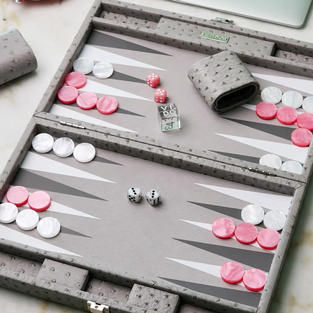 Apparel - Backgammon Set Grey - Ostrich Vegan Leather - Large - VIDO LUXURY BOARD GAMES