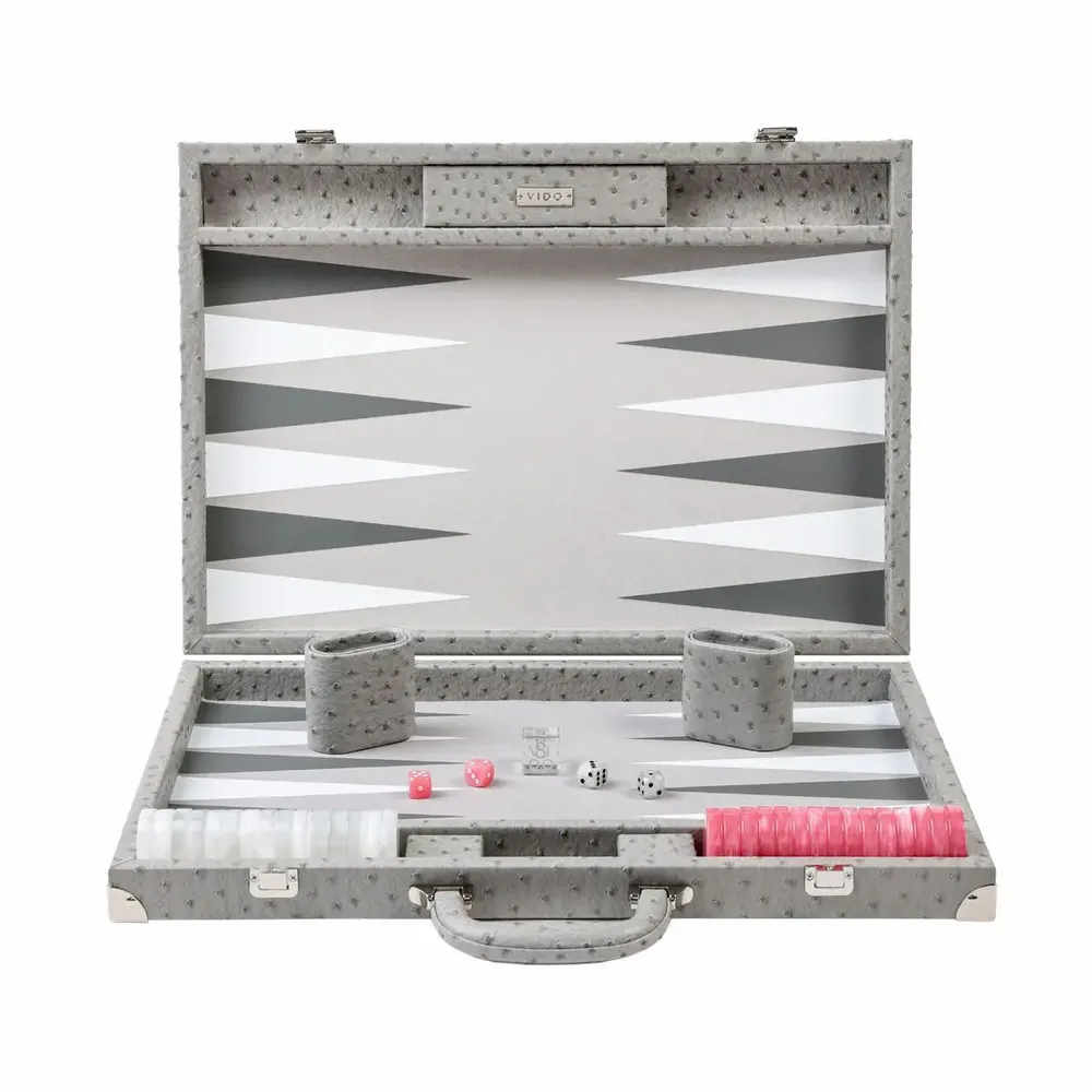 Apparel - Backgammon Set Grey - Ostrich Vegan Leather - Large - VIDO LUXURY BOARD GAMES