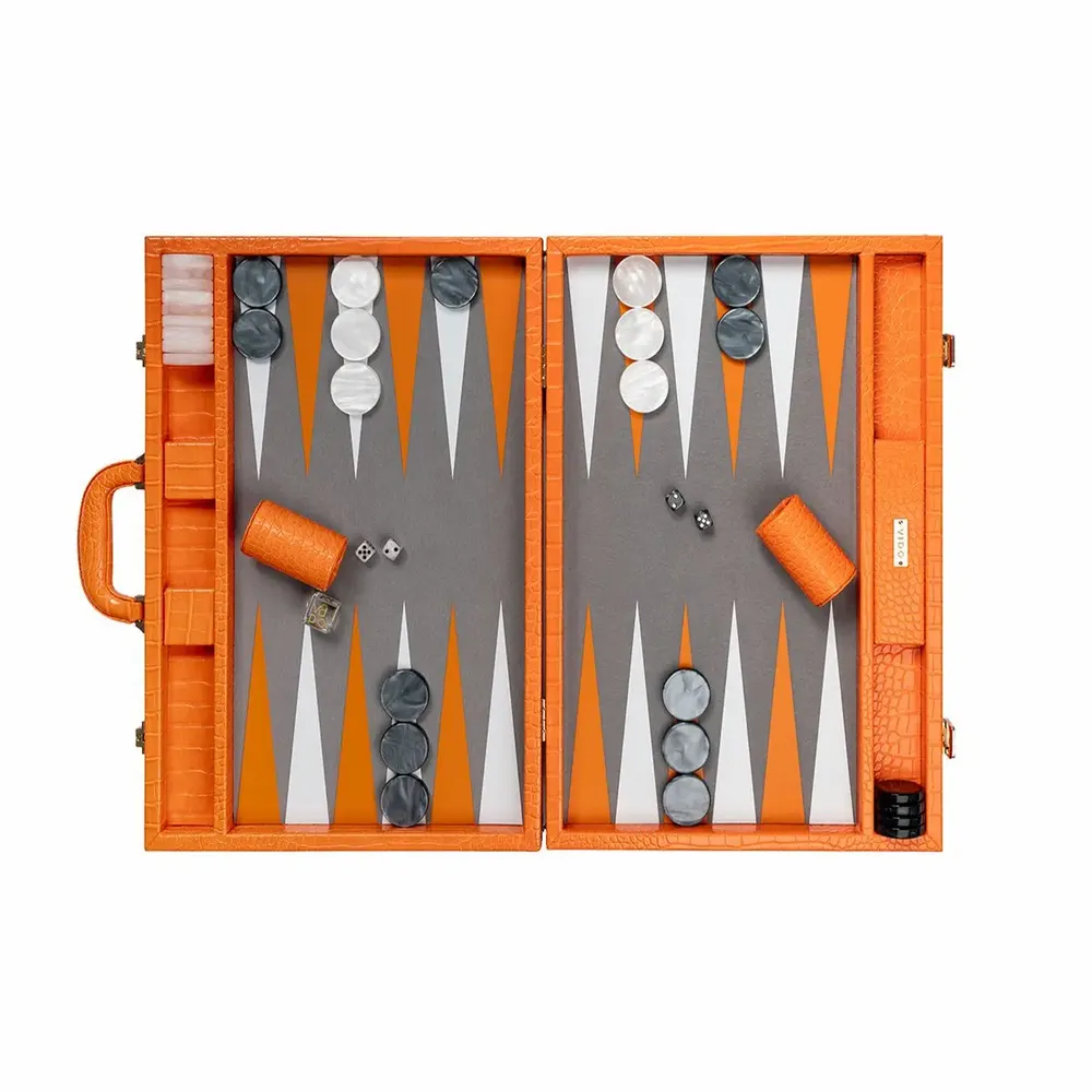 Leather goods - Orange Tangelo Backgammon Game - Large Vegan Alligator Leather - VIDO LUXURY BOARD GAMES