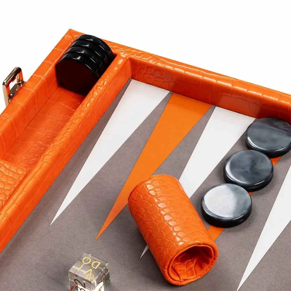 Leather goods - Orange Tangelo Backgammon Game - Large Vegan Alligator Leather - VIDO LUXURY BOARD GAMES